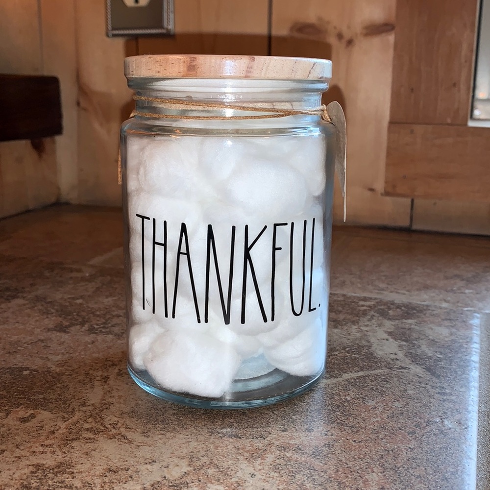 Rae Dunn “Thankful” Cotton ball Jar